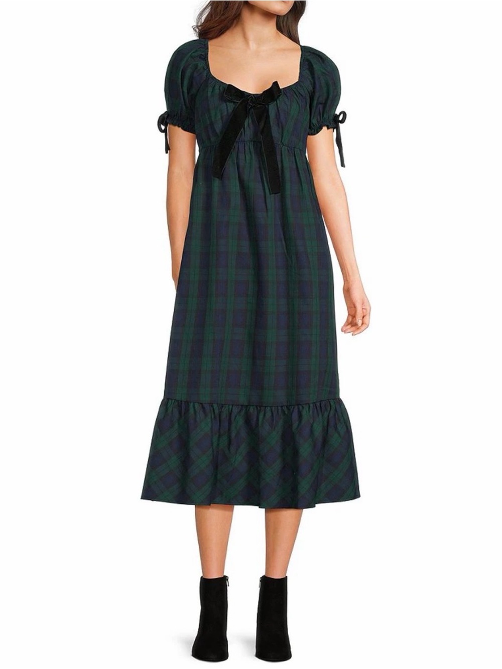 Plaid Midi Dress with Velvet Bow in Dark Green & Navy